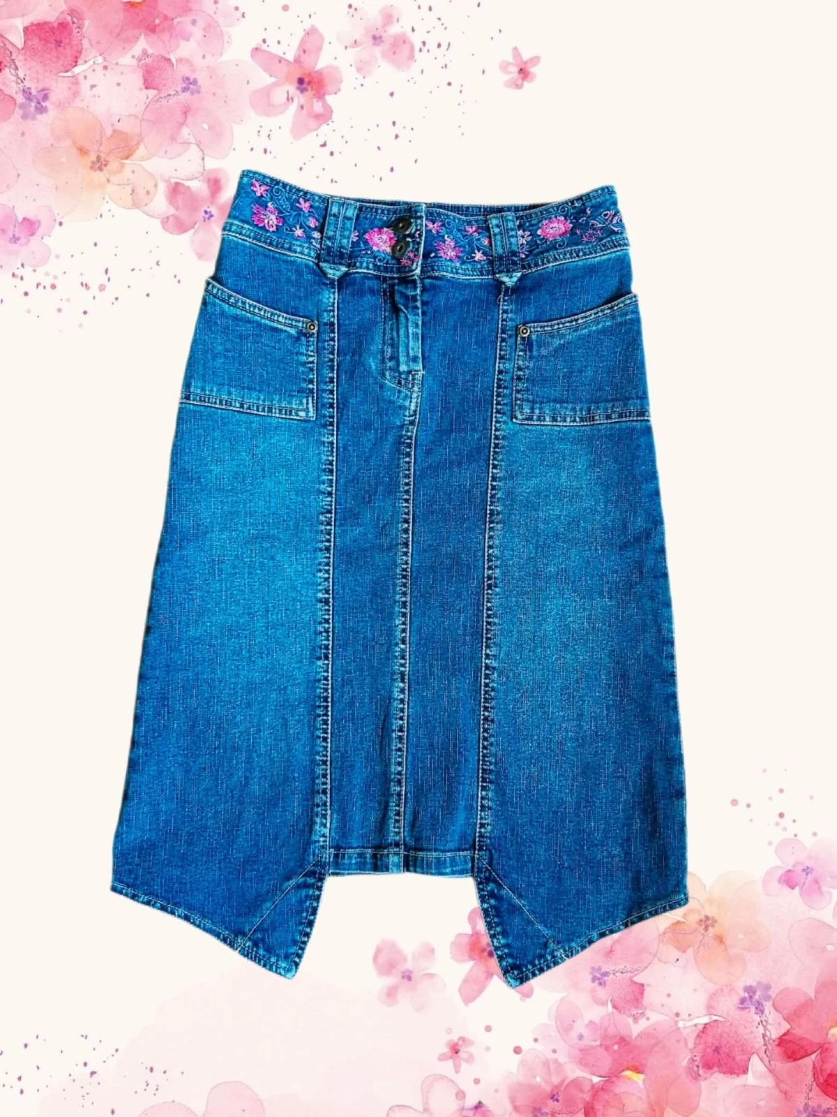 🦋Jupe en jean brodée vintage 2000 Y2K boho folk hippie cottage floral embroidery denim skirt 34/36🌸 – photo 16